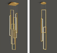 Thumbnail for Gold aluminum square pendant chandelier, 7-light and 3-light options, dimmable LED UL certified for staircase foyer