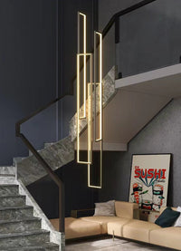 Thumbnail for Black 4-light geometric square aluminum pendant chandelier with dimmable LED minimalist interlocking rectangles UL-certified for staircase foyer