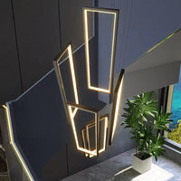 Thumbnail for Modern geometric LED chandelier installation diagram showing minimalist interlocking rectangles design for staircase foyer lighting fixture