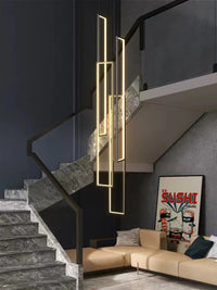 Thumbnail for UL-certified black 4-light geometric square pendant chandelier with minimalist LED interlocking rectangles for staircase foyer entryway