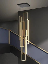 Thumbnail for Black 6-light geometric square pendant chandelier with minimalist interlocking rectangles for staircase foyer entryway stairwell lighting