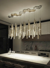 Thumbnail for Modern silver linear cylindrical pendant light, featuring a shooting star design and perforated light tubes, suitable for dining rooms and kitchen island lighting.