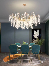 Thumbnail for Modern linear tree branch chandelier, copper design with glass disk leaves for dining room kitchen island table lighting
