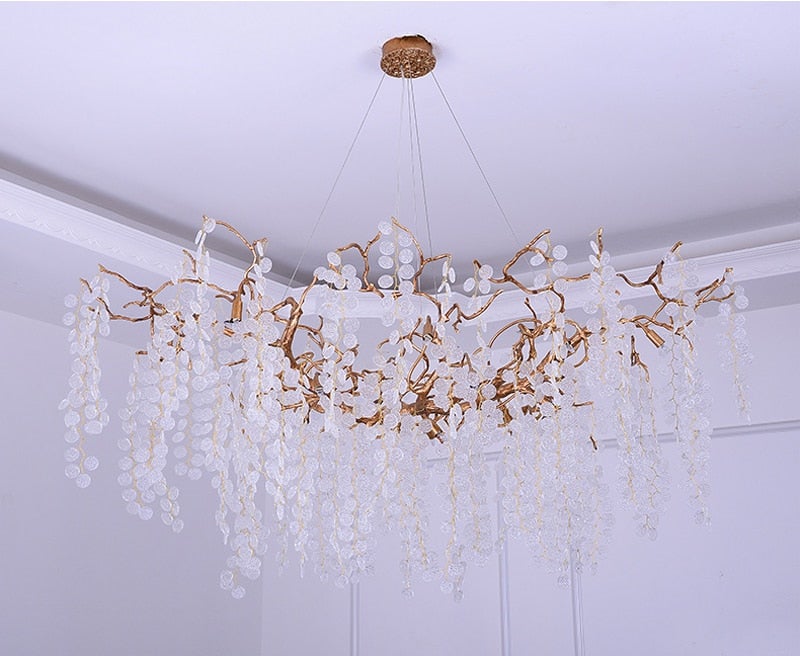 High-end modern linear tree branch chandelier, copper design with glass leaves for dining room kitchen island lighting