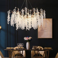 Thumbnail for Modern linear tree branch chandelier, copper design with glass leaves for dining room kitchen island table lighting