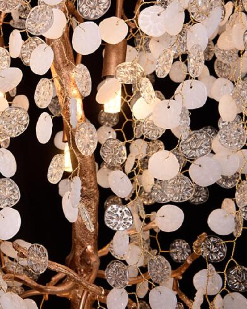 Modern linear tree branch chandelier, copper design with glass disk leaves for dining room kitchen island table