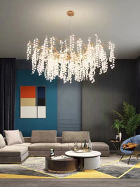 Thumbnail for Modern linear tree branch chandelier with copper design and glass leaves for luxury living room bedroom dining room installation