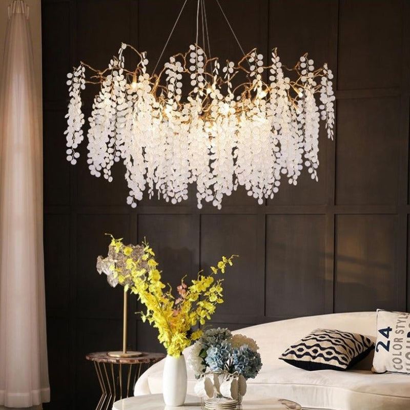 Modern linear tree branch chandelier, updated copper design with glass leaves for dining room kitchen island lighting