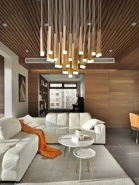Thumbnail for Round wood modern dining chandelier with linear shape pendant in Japanese style creating zen ambiance for contemporary dining room