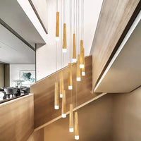 Thumbnail for Japanese style chandelier light fixture featuring round wood linear shape pendant for modern dining room foyer lighting