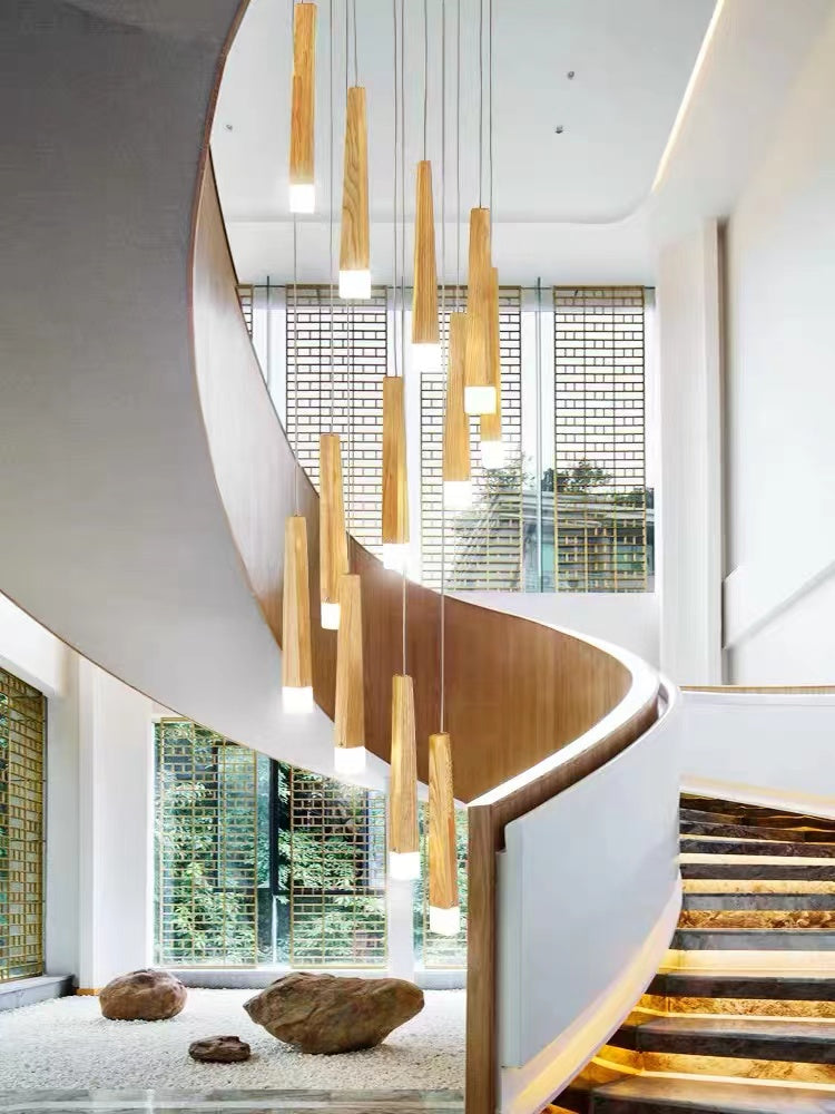 Japanese style chandelier light fixture featuring round wood linear shape pendant for modern dining room foyer lighting