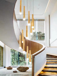 Thumbnail for Japanese style chandelier light fixture featuring round wood linear shape pendant for modern dining room foyer lighting