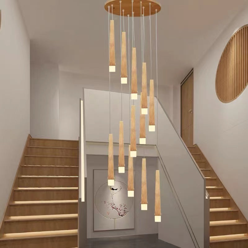 Modern round wood chandelier with linear shape pendant in Japanese style creating elegant lighting for dining room foyer