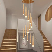Thumbnail for Modern round wood chandelier with linear shape pendant in Japanese style creating elegant lighting for dining room foyer