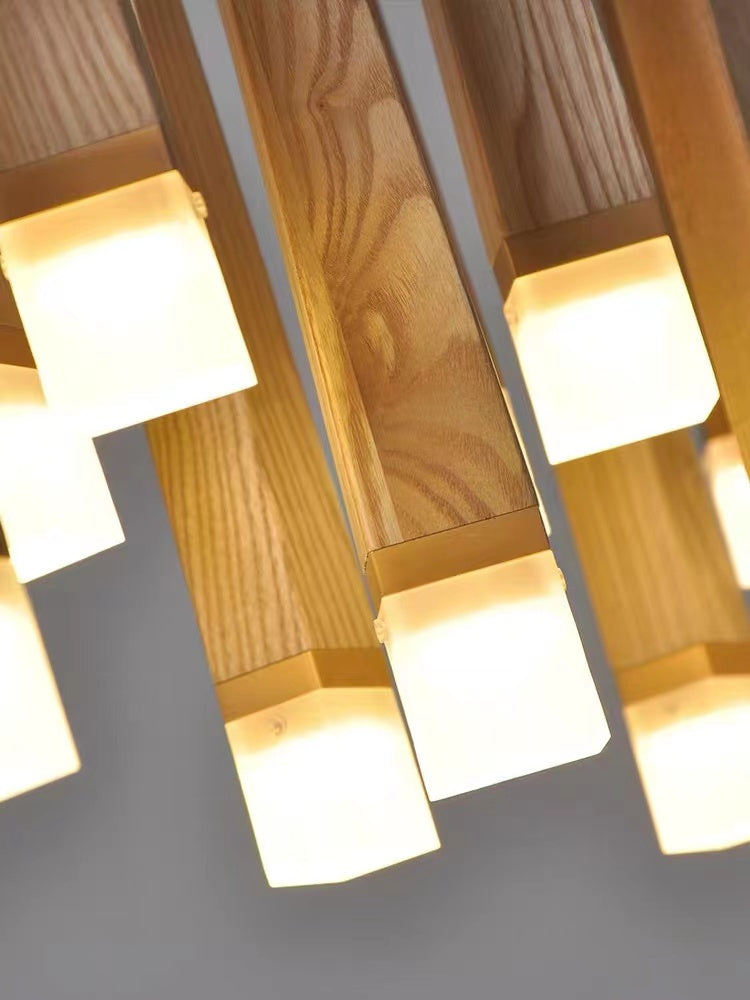 Japanese style foyer chandelier featuring modern round wood and linear shape pendant for contemporary entryway lighting