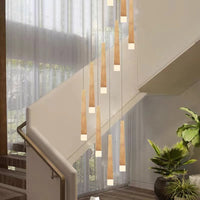 Thumbnail for Modern chandelier with round wood linear shape pendant in Japanese style creating minimalist lighting for dining room foyer