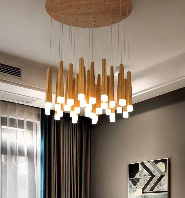 Modern dining room chandelier featuring round wood linear pendant with Japanese style for contemporary dining room lighting