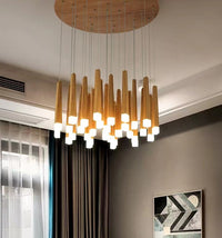 Thumbnail for Modern dining room chandelier featuring round wood linear pendant with Japanese style for contemporary dining room lighting