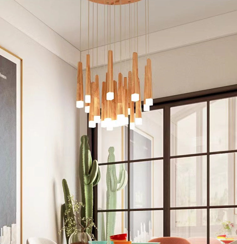 Japanese style modern chandelier with round wood linear shape pendant creating zen lighting for foyer entryway dining room