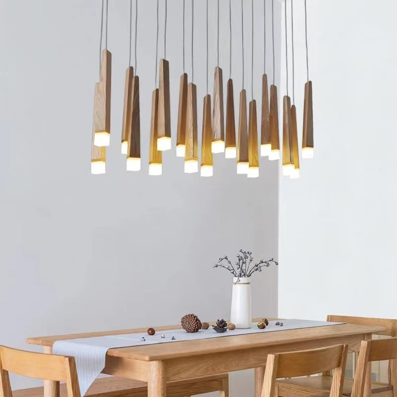 Japanese style dining chandelier with modern round wood linear pendant creating minimalist lighting for contemporary dining room