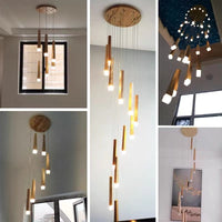 Thumbnail for Modern chandelier light featuring round wood linear shape pendant in Japanese style for elegant dining room foyer lighting