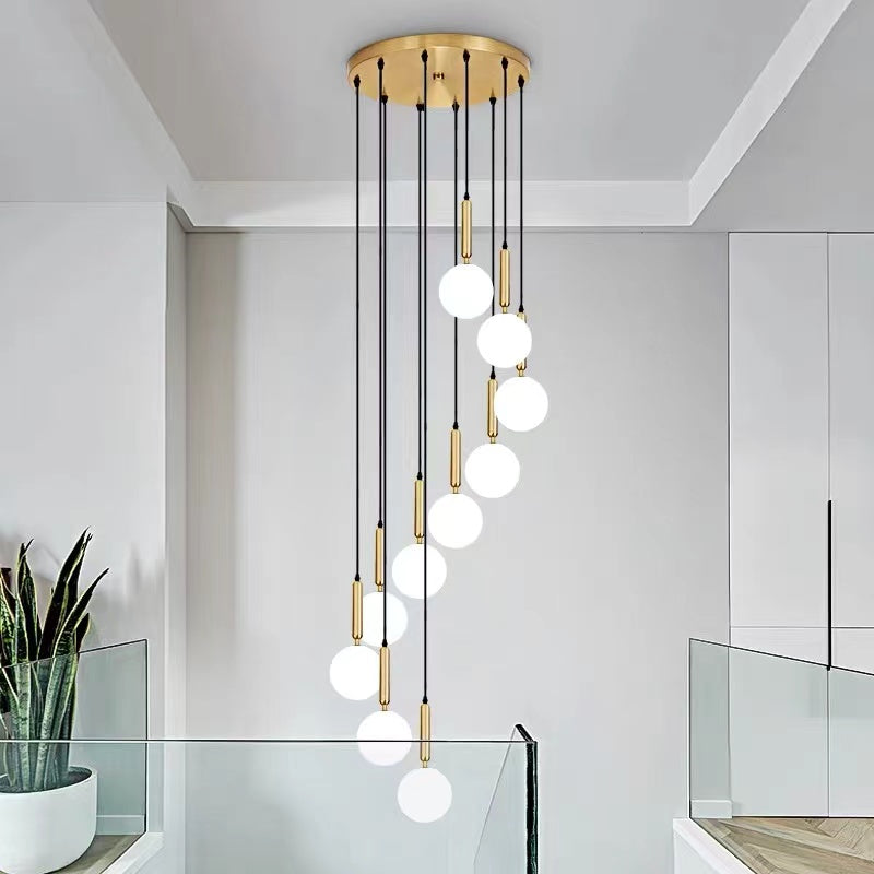 LED glass pendant chandelier featuring modern unique bubble ball creative design for staircase foyer entryway high ceiling