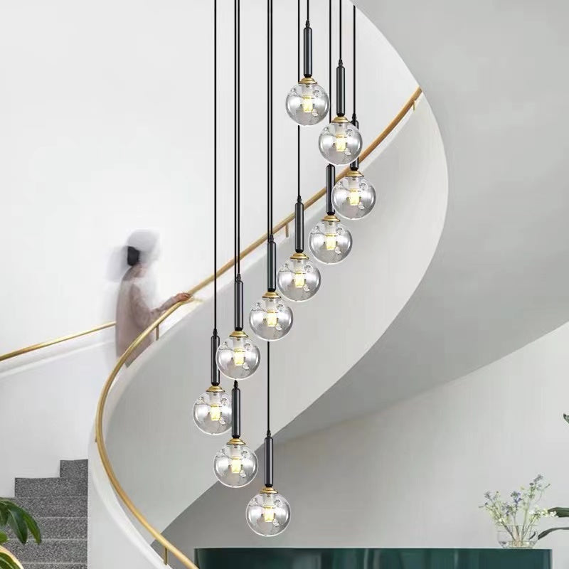 Unique bubble ball LED glass pendant with creative staircase chandelier design for modern foyer entryway high ceiling