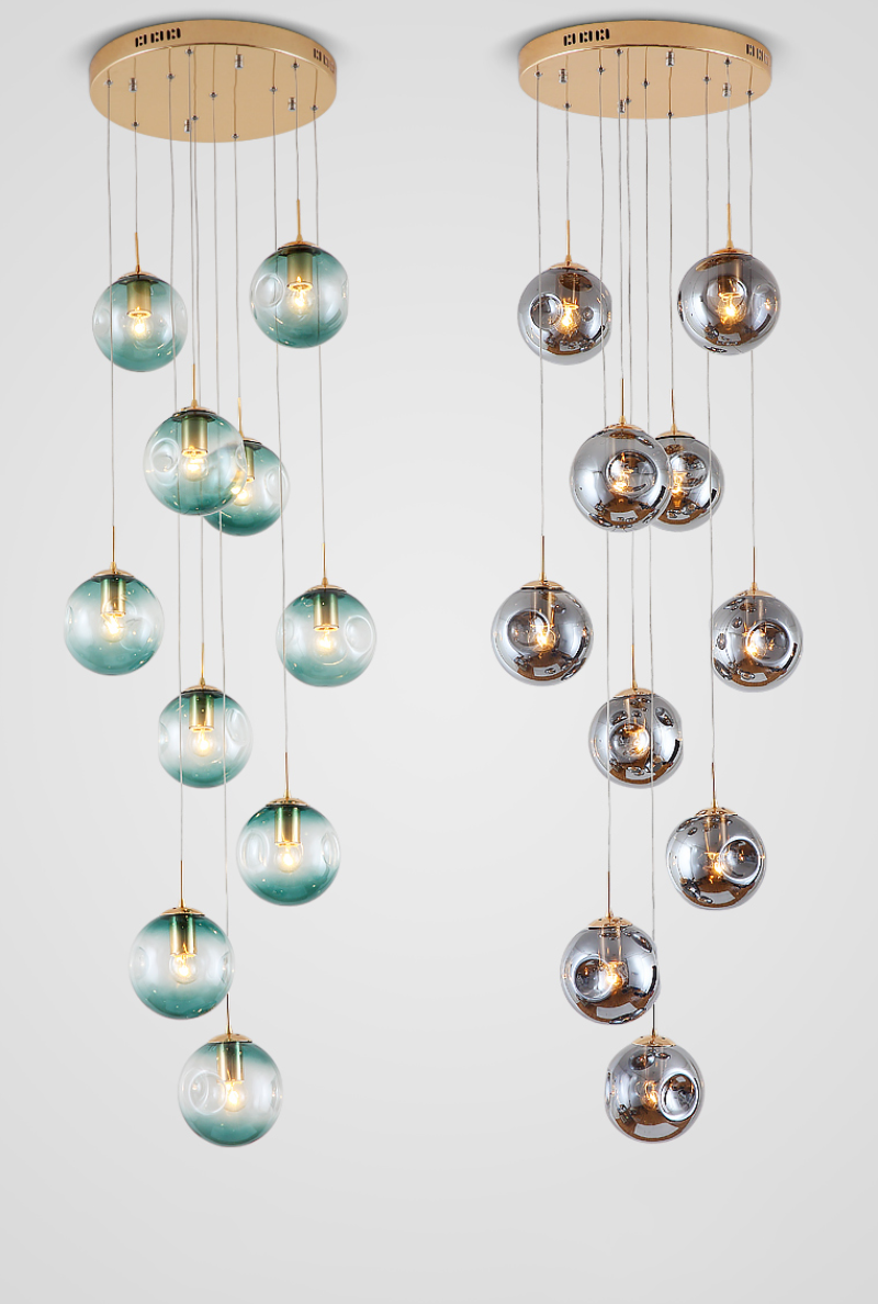 Multi-light bubble chandelier with Venetian-inspired glass featuring warm white illumination for grand foyer staircase,comparison of two lampshade colors