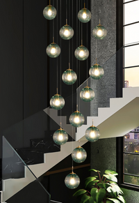 Thumbnail for Contemporary foyer chandelier with handcrafted Murano-style bubbles in gradient blue for modern entryway staircase lighting