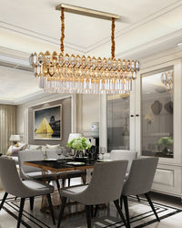 Thumbnail for Linear gold K9 crystal chandelier creating lavish environment with minimal dazzle for elegant dining room living room foyer