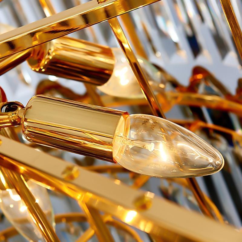 Modern linear gold chandelier with K9 crystals creating soft diffused ambient lighting for dining room living room restaurant