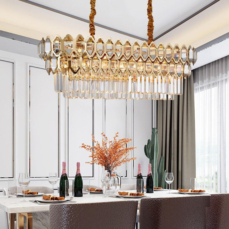 Modern gold K9 crystal chandelier with linear design creating impressively eye-catching focal point for dining room living room