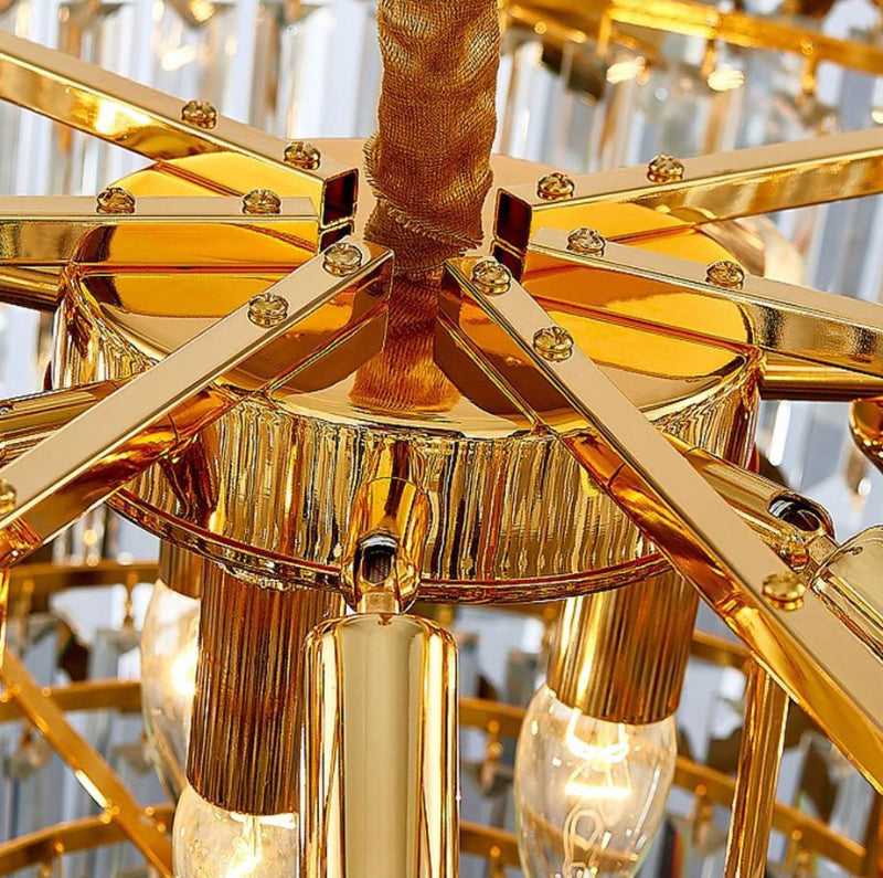 Contemporary Shantys' Emerald chandelier with gold K9 crystals creating sophisticated atmosphere for dining room restaurant