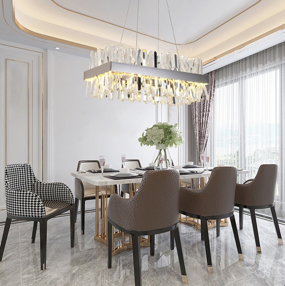 Modern rectangular chandelier crystal with spectacular design creating brilliant refraction for luxury dining room entryway lighting