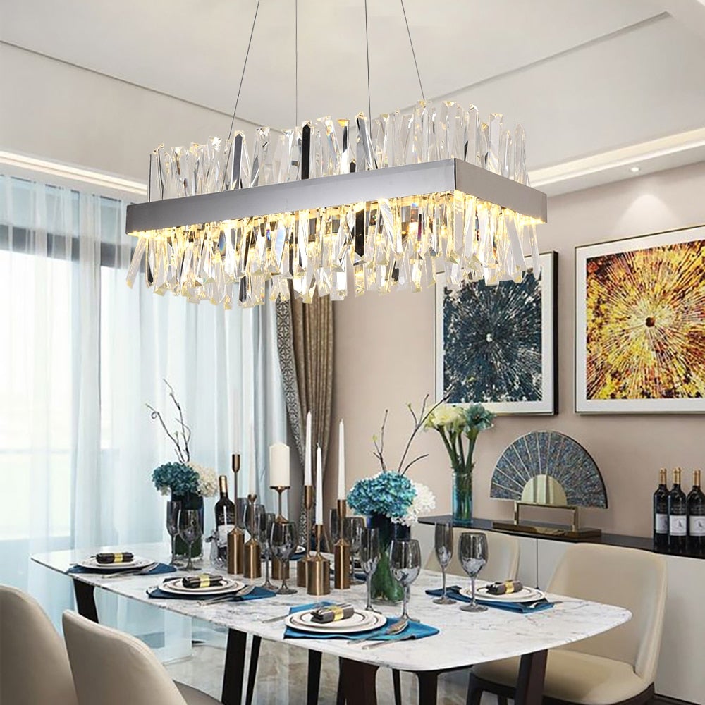 Spectacular rectangular crystal chandelier with modern luxury design creating elegant lighting for dining room foyer high ceiling