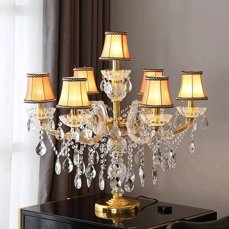 7 Bulbs Crystal Strand electroplated gold night table lamp with crystal strands creating elegant lighting for bedroom nightstand