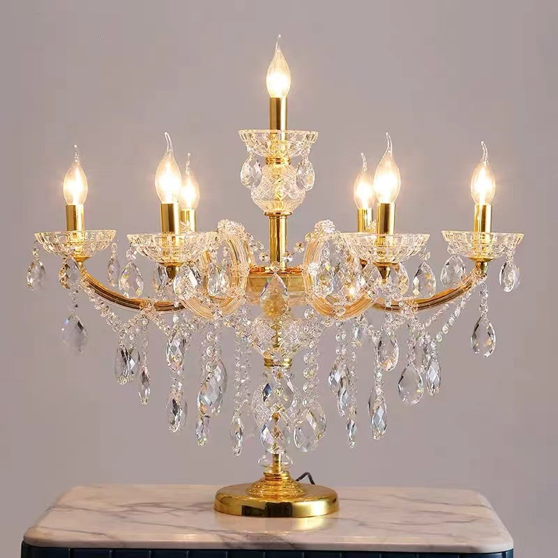 Electroplated gold night table lamp featuring 7 Bulbs Crystal Strand design with cascading crystals for luxury bedside lighting