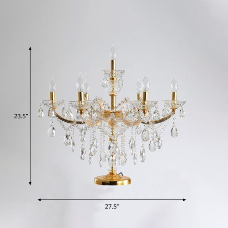7 Bulbs Crystal Strand table lamp with electroplated gold and crystal strands creating glamorous accent lighting for nightstand