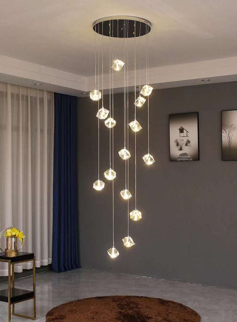 Premium crystal cube light fixture with modern minimalist aesthetic for two-story foyer high ceiling spaces