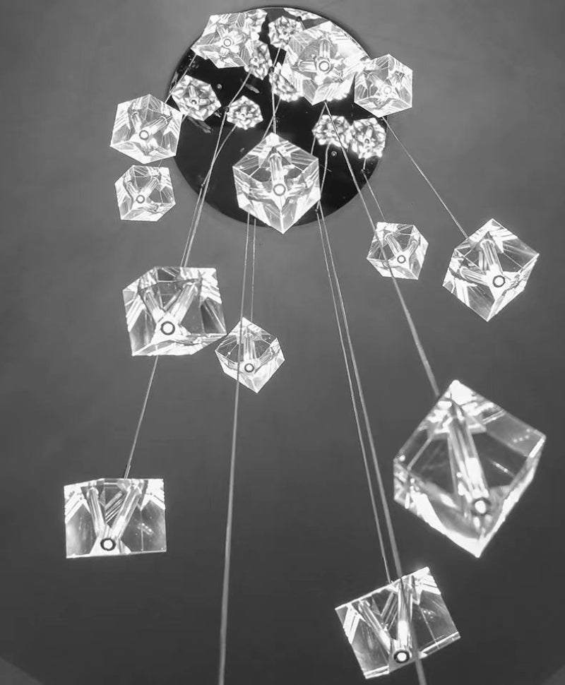 Elegant crystal cube chandelier with polished stainless steel for sophisticated foyer entryway high ceiling