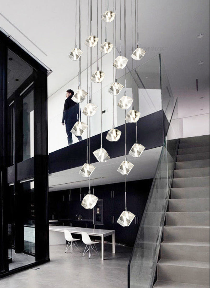 Handcrafted crystal cube chandelier with a transparent finish, suitable for luxurious staircases, entrance halls, and spaces with high ceilings.UL