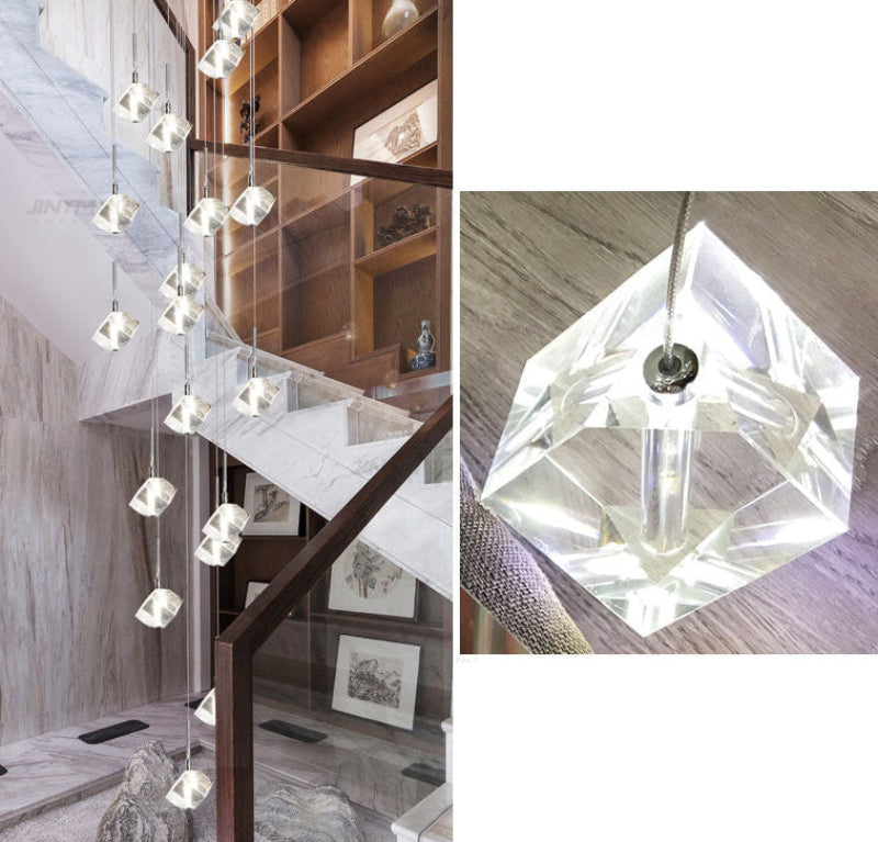 Collage of a modern staircase with hanging lights and a close-up of a crystal pendant light.