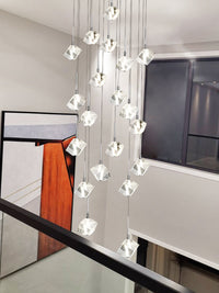 Thumbnail for Modern geometric crystal chandelier, featuring a translucent ice-cube design, suitable for double-height ceilings in foyers and stairwells. easy to install.