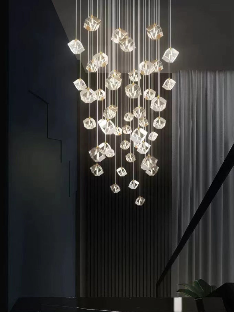 Minimalist ice cube pendant light with crisp LED illumination for contemporary staircase foyer entryway