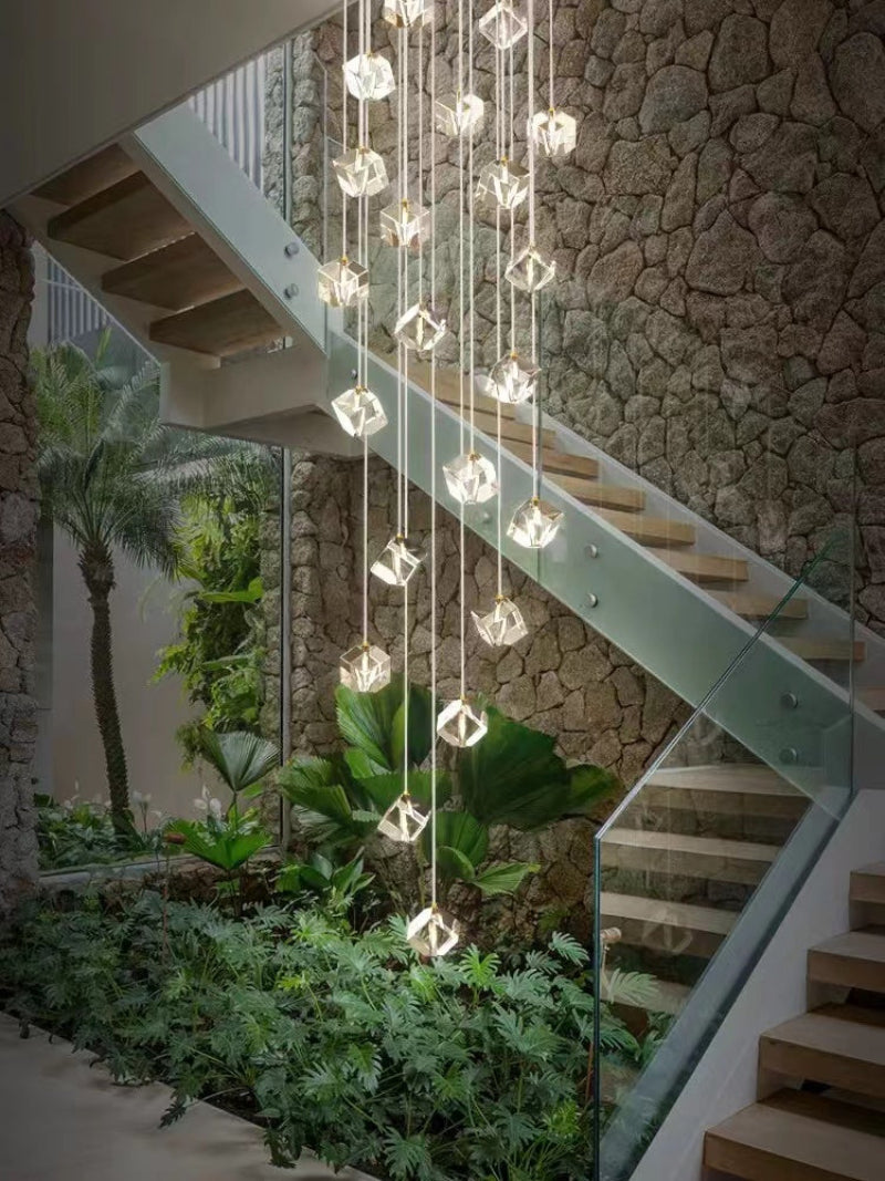 Modern ice crystal cube chandelier, handcrafted translucent design for staircase foyer entryway high ceiling,UL