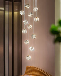 Thumbnail for Modern ice crystal cube pendant light, handcrafted with a transparent design, suitable for stairwells, foyers, entryways, and spaces with high ceilings.