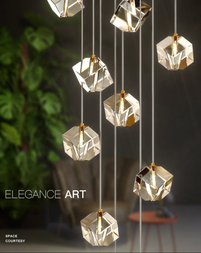 Modern Arctic Drift ice crystal cube chandelier with handcrafted translucent design for foyer staircase entryway high ceiling
