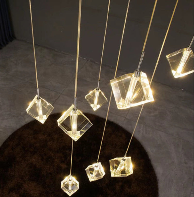 UL-certified handcrafted Arctic Drift ice cube fixture with clean lines and geometric shapes for modern staircase foyer entryway