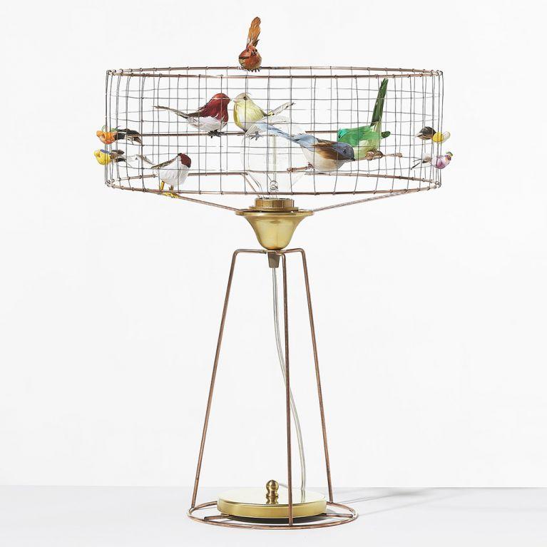 Vintage bird cage table lamp featuring brass finish and authentic feathers for artistic bedside living room accent lighting