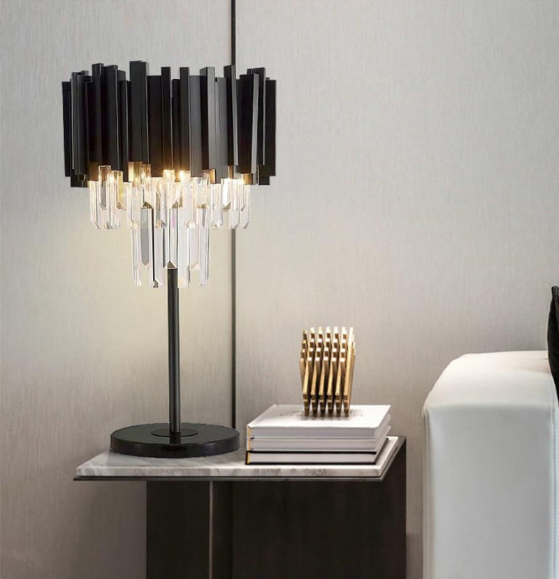 Black Wyvern K9 crystal modern table lamp with dragon-inspired design creating dramatic lighting for bedroom nightstand living room